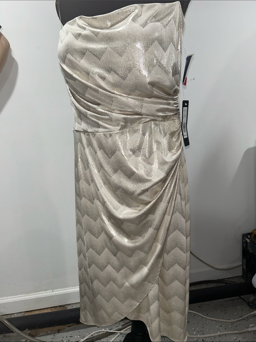 Bebe Strapless Champagne and Silver Chevron Dress